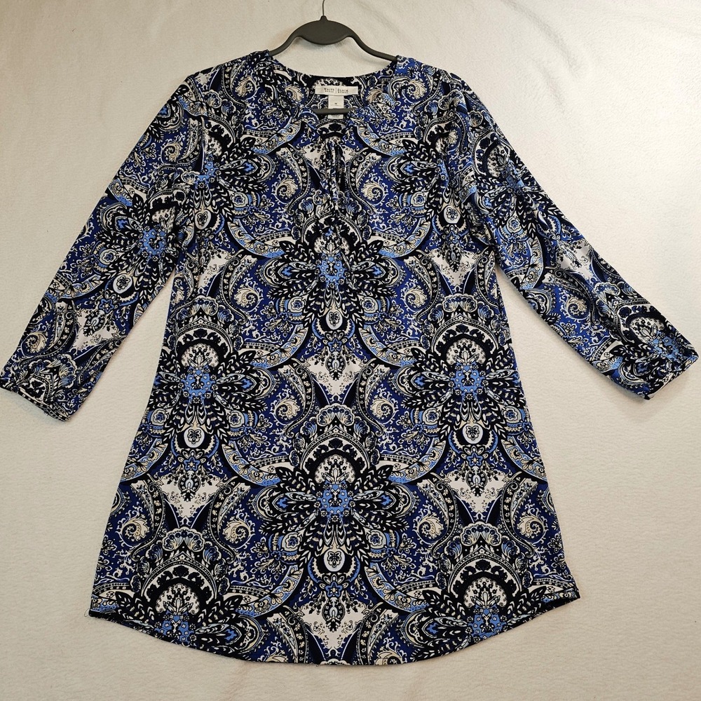 White House Black Market Blue Paisley Medallion Tie Neck Tunic Top Size M